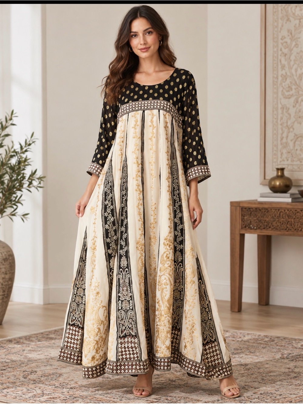 Handmade Boho Cream and Black Ivory Printed embroidered Caftan Style Maxi Dress